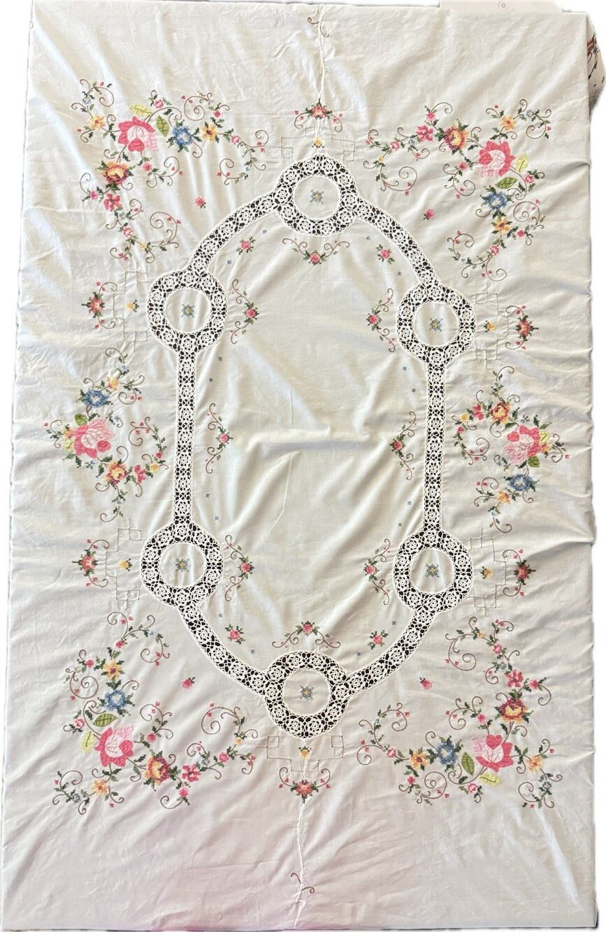 Vintage Hand Embroidered Cross Stitch Tablecloth Crochet Lace Insert 64x75”